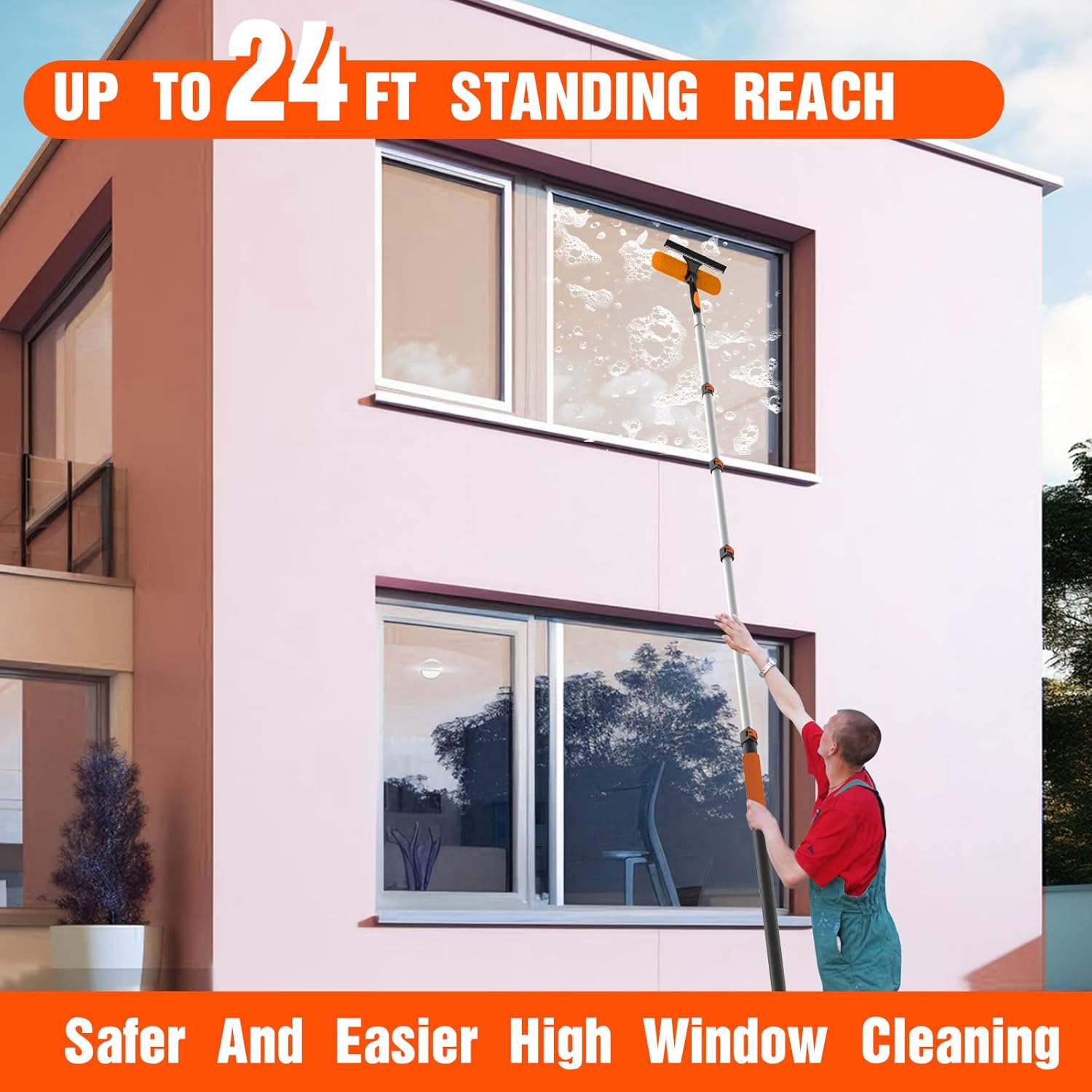 30FT Window Squeegee with Extension Pole, 2-in-1 Squeegee for Window Cleaning, Professional Cleaning Kit for Home with 24FT Telescoping Pole for Outdoor Indoor Use