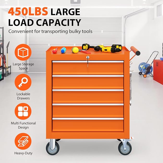 5-Drawer Rolling Tool Chest, Tool Box with 4 Wheels and Drawers, High Capacity Detachable Mobile Tool Storage Cabinet for Garage, Workshop, Mechanics and Repair Room (Orange)