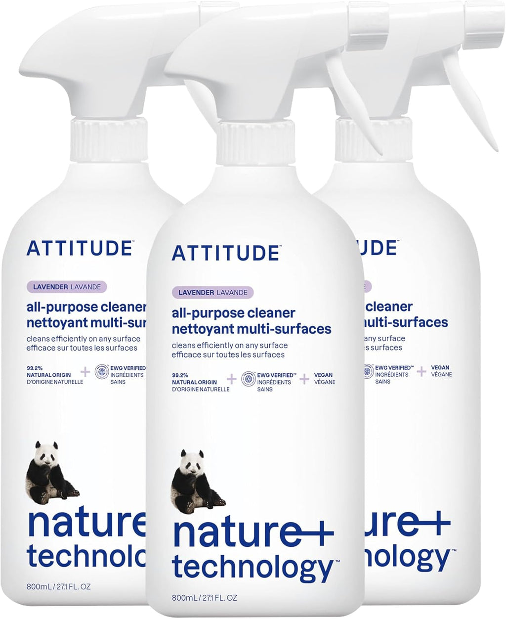 ATTITUDE All Purpose Cleaner Spray, EWG Verified, Vegan, Made with 94% Plant-Based Ingredients, Streak-Free for Kitchen, Bathroom, Glass & More, Lavender, 27.1 Fl Oz (Pack of 3)