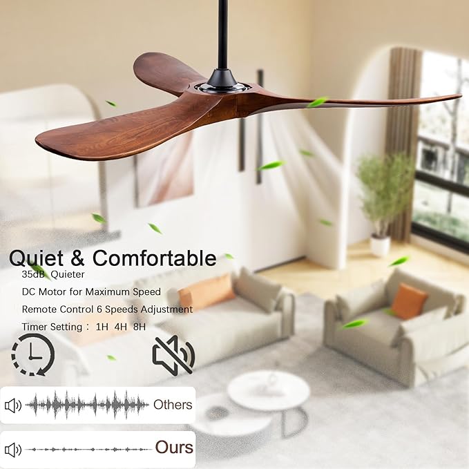 52" Wood Ceiling Fans with Lights and Remote Control,Indoor Outdoor 3 Blades Wooden Ceiling Fan for Garage,Patio,Living Rooms,Bedrooms,Offices,Farmhouse(Black+Dark Walnut)