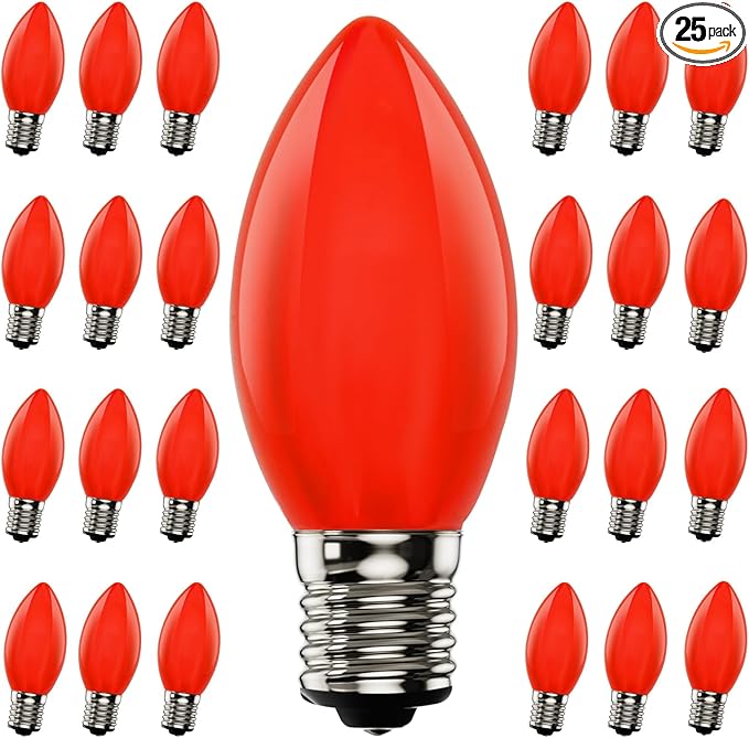25 Pack C9 Red LED Light Bulb,Vintage Plastic Red C9 Replacement Bulbs Shatterproof C9/E17 Intermediate Base 0.6 Watt Great for Outside Indoor Christmas Valentine Outdoor String Lights