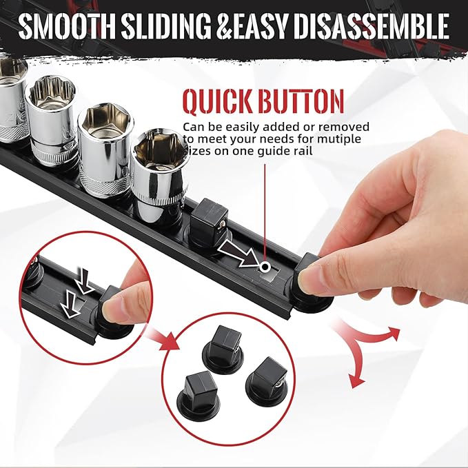 Magnetic Socket Organizer, 6-Piece Heavty Duty Aluminum Socket Holder, Socket Rail for Tool Box, Premium Quality 360° Swivel Socket Rack Kit with 80 Clips for 1/2, 3/8, 1/4-Inch(Red&Black)