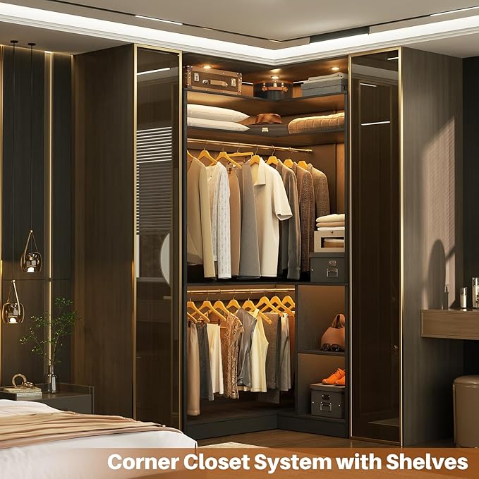 Aheaplus Corner Closet System with Shelves, Closet Organizer System with Hanging Rods, Wood Walk-in Closets for Corner Small Space, L Shaped Garment Rack, -B3, Black