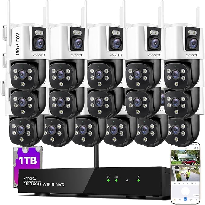 [2-in-1 CAM] XMARTO 16CH Security Camera System Outdoor Wireless, 16pcs 2-in-1 Cameras, 16CH 4K Long Range WiFi 6 Surveillance DVR NVR Kit, Pan Tilt Zoom 4MP QHD Home CCTV Camera Set w. 1TB Hard Disk