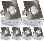 Square Brushed Nickel Recessed Lighting 3 Inch 6 Pack, Ajustable Eyeball recessed Light with Junction Box,5 Color Selectable,Airtight,9W 750LM,Dimmable,Brushed Nickel