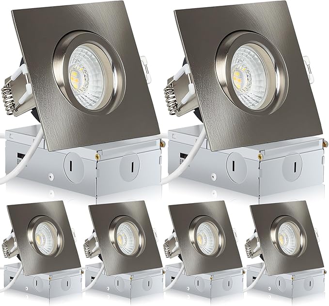 Square Brushed Nickel Recessed Lighting 3 Inch 6 Pack, Ajustable Eyeball recessed Light with Junction Box,5 Color Selectable,Airtight,9W 750LM,Dimmable,Brushed Nickel