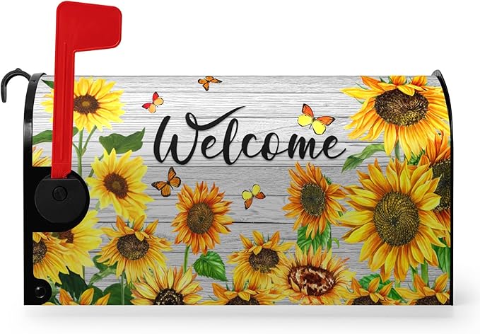 Summer Sunflowers Welcome Mailbox Covers Magnetic Large Size Yellow Flower Mailbox Post Cover Summer Floral Mailbox Wraps Oversized Mailbox Outdoor Decor for Garden Yard 21x25.5 Inch