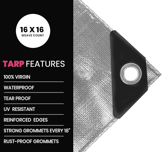 PROTARP Extreme Heavy Duty 22 Mil Tarp Cover, Waterproof, UV Resistant, Rip and Tear Proof, Poly Tarpaulin with Reinforced Edges for Roof, Camping, Patio, Pool, Boat. (Silver/Black 30′ X 30′)