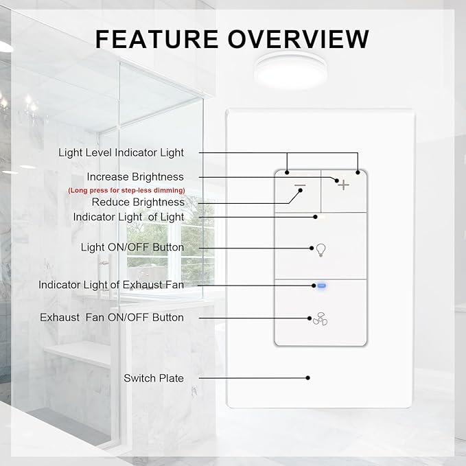Akicon Dimmer Switch for Exhaust Fan with Light, Single Pole Fan Light Switch, Neutral Wire Needed, White