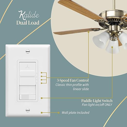 TOPGREENER Kalide Combo Light Switch with 3-Speed Fan Control, Light and Fan Combination Switch, Single Pole, 2.5A, 720W, Neutral Wire Not Required,Wall Plate Included, TGSFS3-W, White, 2 Pack