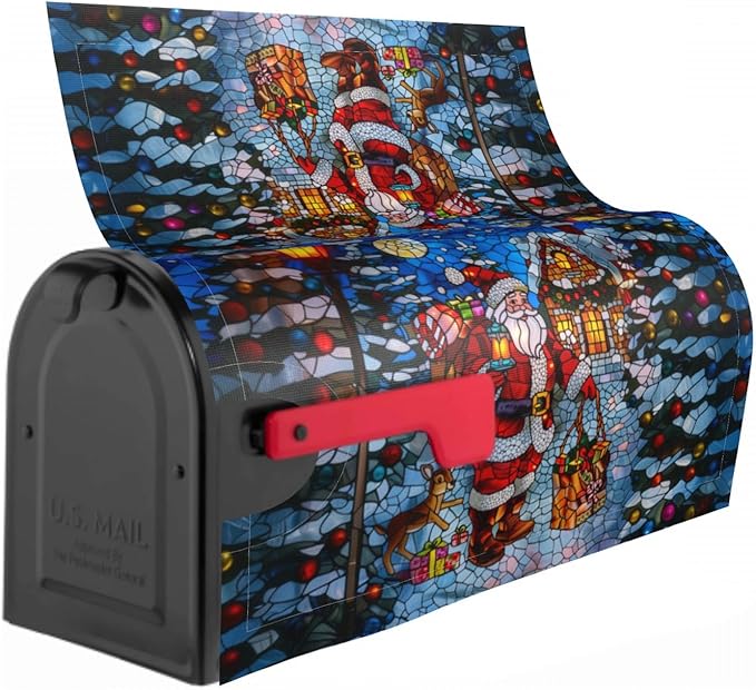Giwawa Stained Glass Santa Claus Mailbox Cover Magnetic Standard Size 18 x 21 Holiday Mailbox Xmas Decorations Winter Reindeer