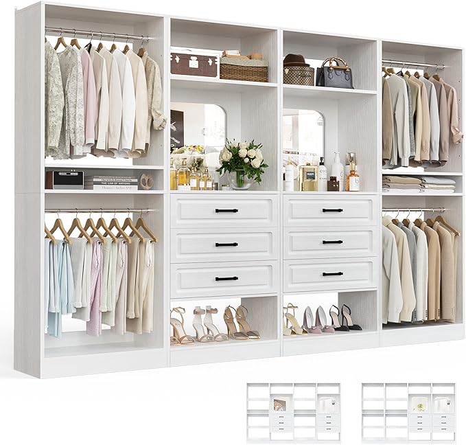 Unikito Closet System with Drawers, 100” Wood Closet Organizer with Hanging Rods and Mirror, Large Walk in Wardrobe Garment Rack with Adjustable Shelves, Sturdy Freestanding Closet Tower, White