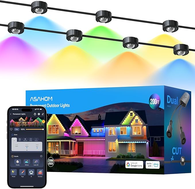 ASAHOM AI Permanent Outdoor Lights S107D, 200FT with 144 RGBCW LED Lights and Dual Output, 30,000 Lighting Effect Combination, IP67 Waterproof for House Halloween Christmas and Daily Decoration, Black