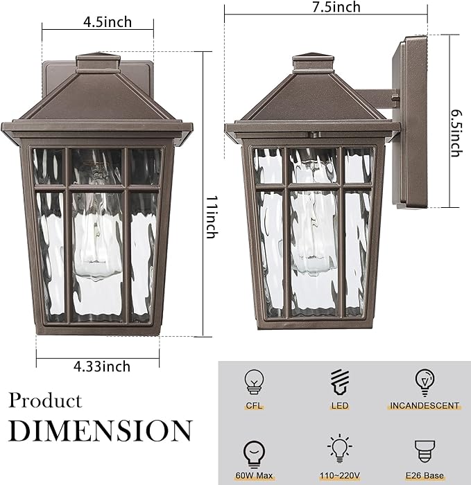 Darkaway Outdoor Sconce Lights Wall Light Fixtures, Exterior Porch Light Outdoor Sconce Anti-Rust Waterproof Aluminum Outside Light with Water Ripple Glass for Patio Yard Doorway Garage