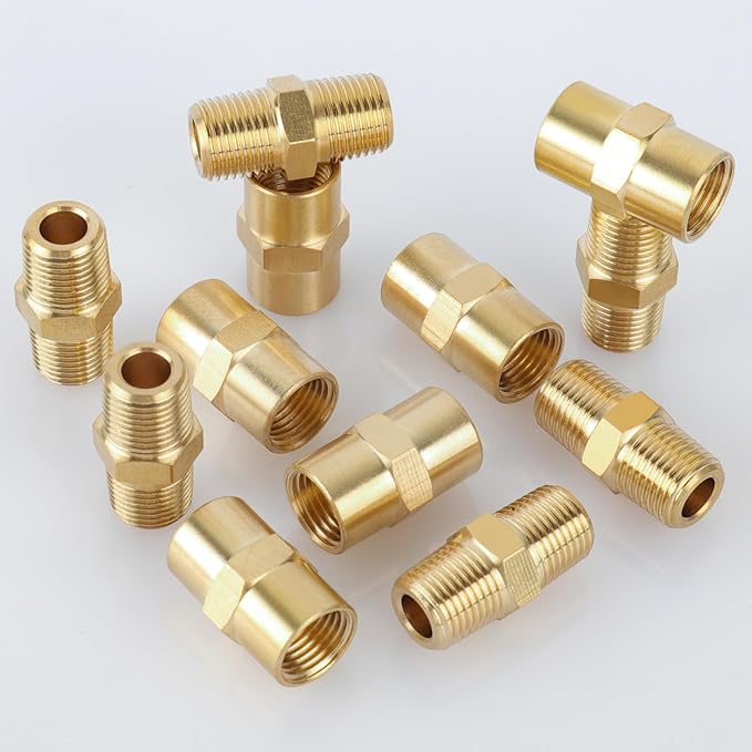 KOOTANS 12pcs Brass Pipe Fitting, NPT Hex Nipple, Coupling, 1/8" x 1/8" NPT Male Pipe, 1/8" x 1/8" NPT Female Pipe Fittings Set (6 Nipple & 6 Coupling)