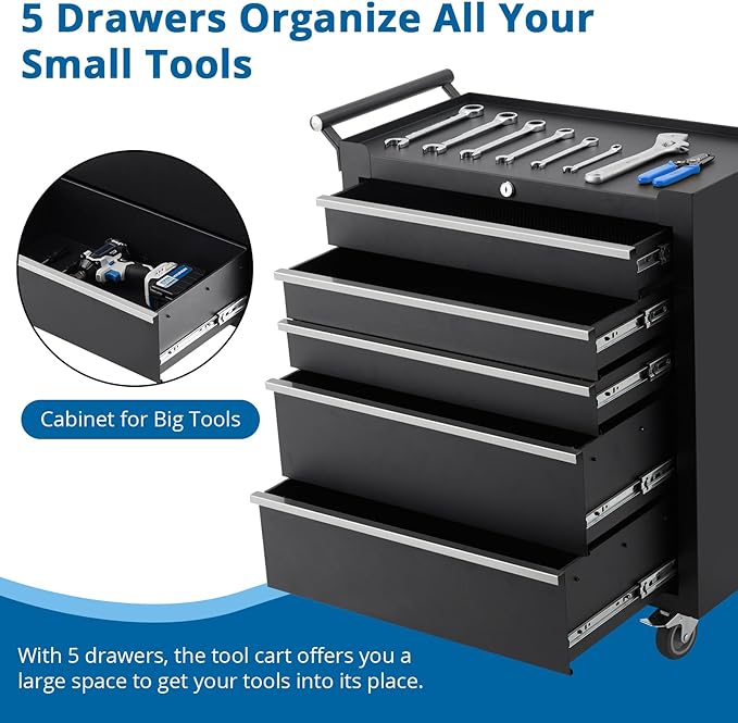 Garvee Rolling Tool Chest, 5 Drawers Tool Storage Cabinet, Toolbox with Wheels, Portable Tool Cabinet Organizer with Locking System & Drawer Liners, Tool Storage Cart for Garage, Workshop, Black