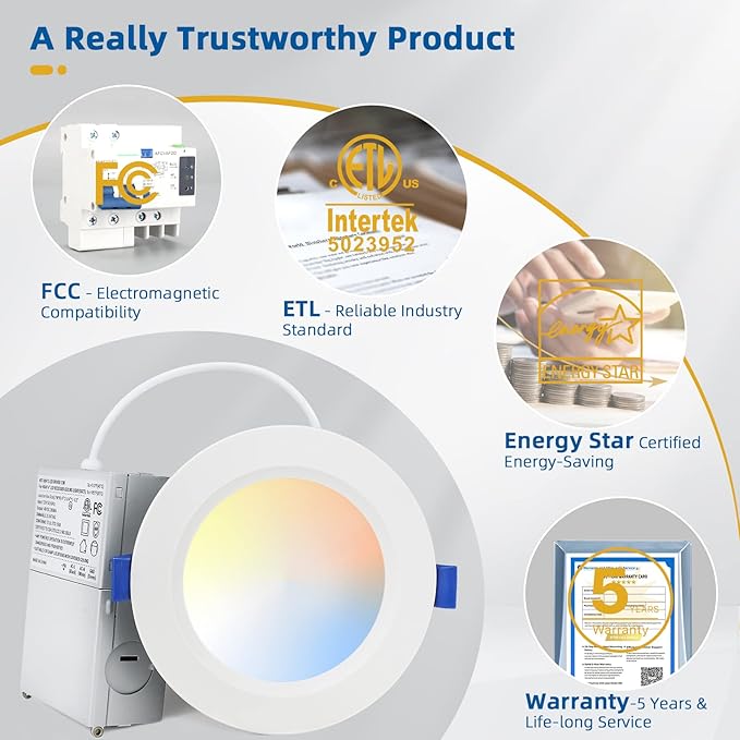 8 Pack 6 Inch 16W MAX.2000LM LED Recessed Lighting with Junction Box, Eqv 200W,2700K/3000K/3500K/4000K/5000K Selectable,Dimmable, Free of Can Housing,Flush Mount Downlight-ETL & Energy Star