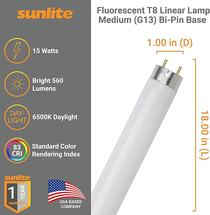 Sunlite F15T8/D 18-Inch T8 Linear Fluorescent Lamp, 15 Watts, 560 Lumens, 6500K Daylight, Medium G13 Bi-Pin Base, ROHS Compliant, 30 Pack
