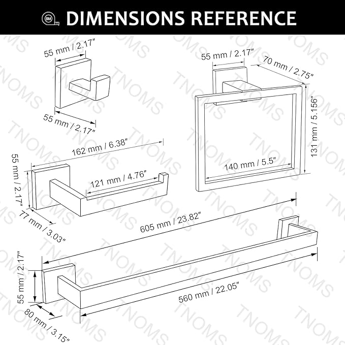 5-PCS 23.6inch Bathroom Hardware Set,Include 23.6" Towel Holder, Hand Towel Ring,Toilet Paper Holder,2pcs Robe Hook-Matte Black