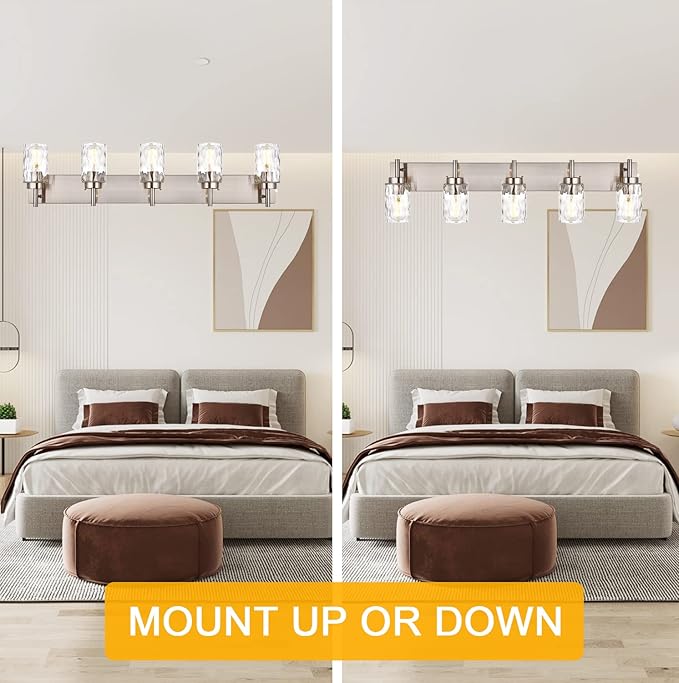 BONLICHT Transitional Vanity Lighting Fixtures Brushed Nickel with Clear Hammered Glass Shade,Farmhouse 5 Light Bathroom Lights Wall Sconces Contemporary Indoor Wall Mount Lights for Kitchen Sink