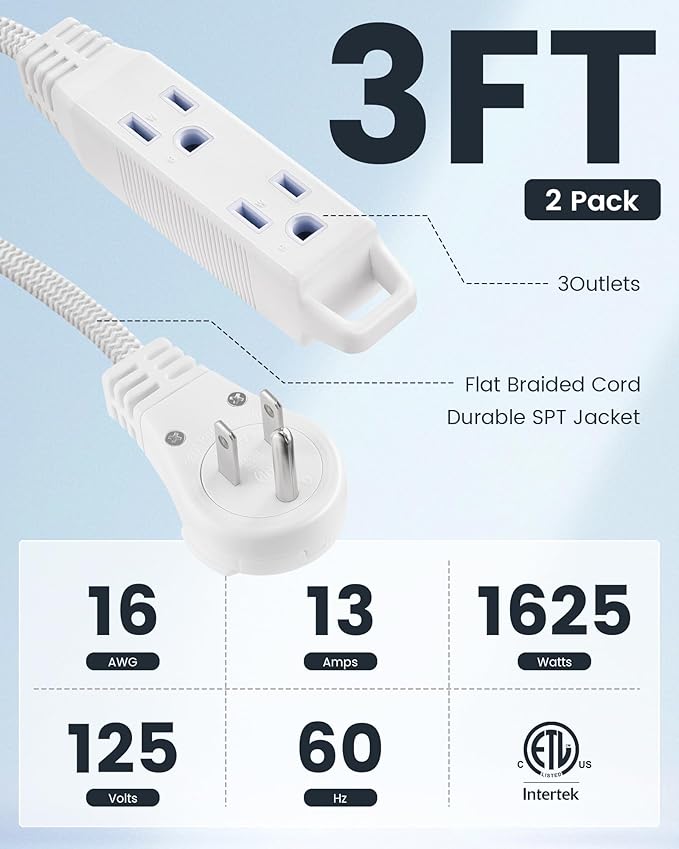 SURAIELEC Flat Extension Cord 3FT, 360° Rotating Flat Plug Extension Cord with 3 Outlets, Braided White Cord for Indoor Use, Small Space, Compact Areas, 16/3C SPT, ETL Listed, 2 Pack