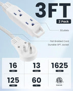 SURAIELEC Flat Extension Cord 3FT, 360° Rotating Flat Plug Extension Cord with 3 Outlets, Braided White Cord for Indoor Use, Small Space, Compact Areas, 16/3C SPT, ETL Listed, 2 Pack
