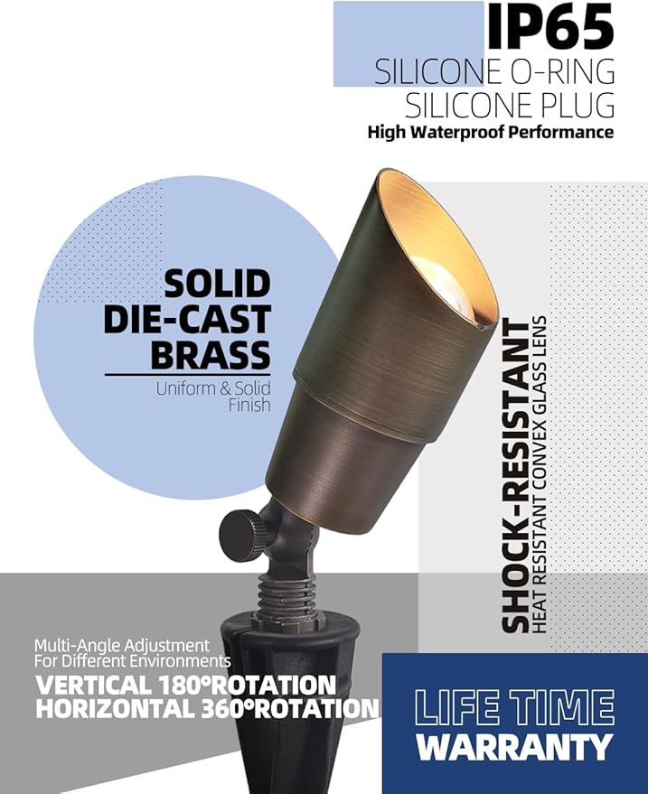 MALORY Brass Landscape Spotlight 4-Pack with Bulb(S01), Low Voltage 12V AC/DC LED Outdoor Landscape Lighting,PVC Ground Stake and Wire Connector Included, Garden Patio Trees Spot Uplight