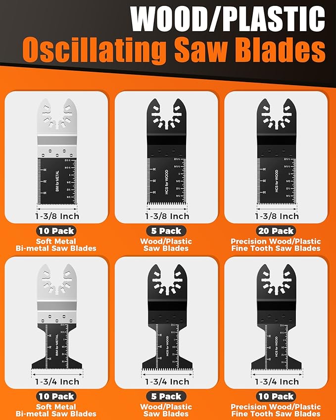 60Pcs Oscillating Tool Blades, Universal Metal Wood Plastic Multitool Blades Quick Release Saw Blades Compatible with Fein Multimaster, Milwaukee, Makita, Bosch, Dewalt, Ryobi, Craftsman