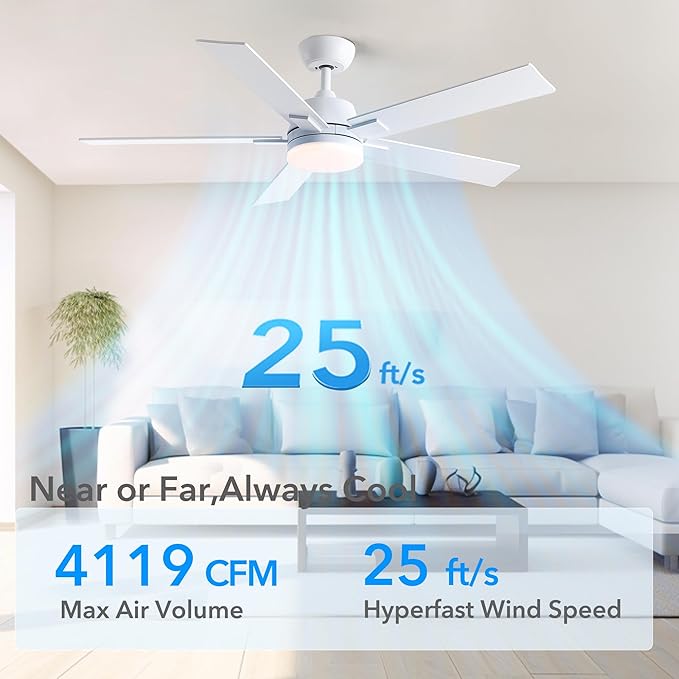52 Inch Ceiling Fans with Lights and Remote, White Ceiling Fan with 5 Blades, 6 Speed Reversible DC Motor, 3CCT Dimmable LED, Modern Design for Bedroom, Living room & Covered Outdoor,Includes Downrod
