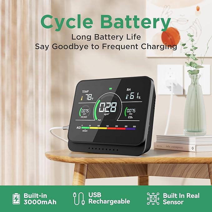 13-in-1 Air Quality Monitor Indoor with Beep Alarm, 6AQI Air Quality Detector with PM1.0 | PM2.5 | PM10 | Temp | CO2 | Formaldehyde | HUM Tester for Home Office Plant (Cool Black)