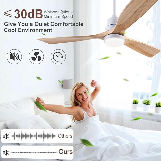 48" Wood Ceiling Fan with Light and Remote Control, Indoor Outdoor Wooden 3 Blades Ceiling Fan for Patio Living Room, Bedroom, Office,Reversible DC Motor(White + Raw wood)