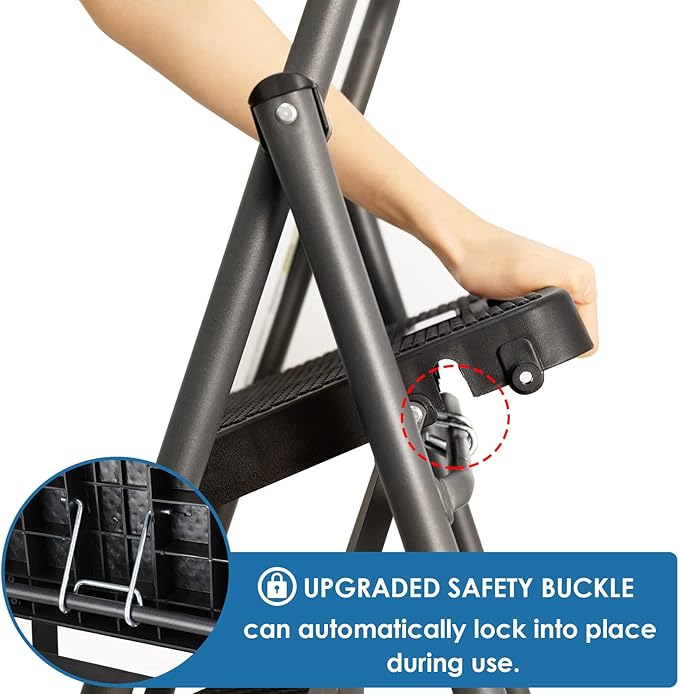 2 Step Ladder, GOLYTON 2 Lightweight Folding Step Stool with Wide Anti-Slip Pedal and Comfort Handgrip, Lightweight 500 lbs Portable Steel Ladder Multi-Use Household and Office, Grey