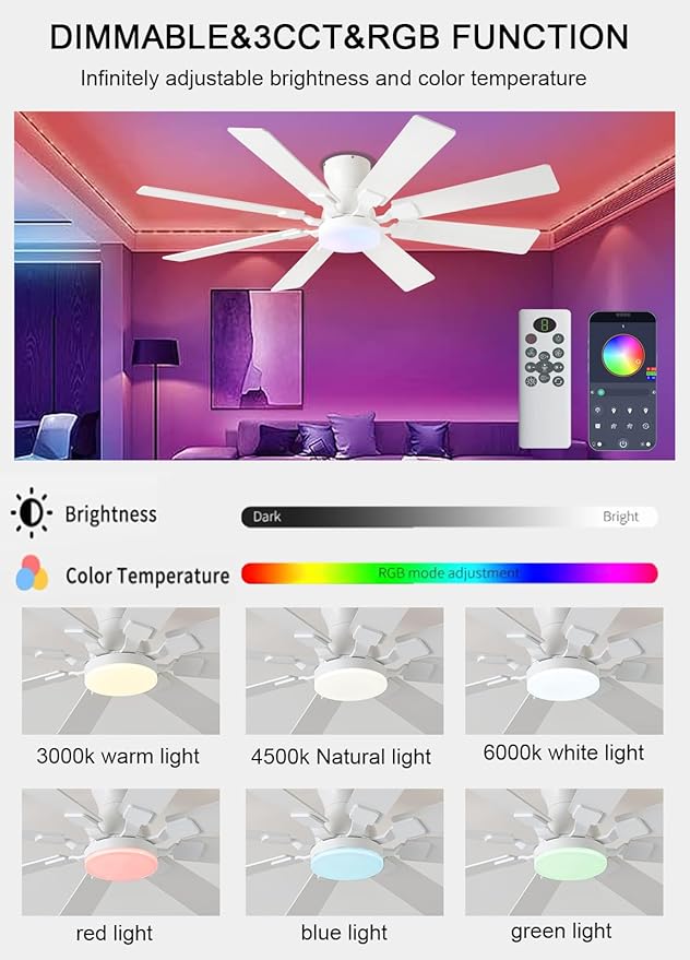 52 inch Ceiling Fan with Light, 6 Speeds Reversible Low Profile Ceiling Fan with Light and Remote/APP Control, 3 Color Temp+Dimmable RGB, 8 Blades, Flush Mount Quiet Ceiling Fans, White