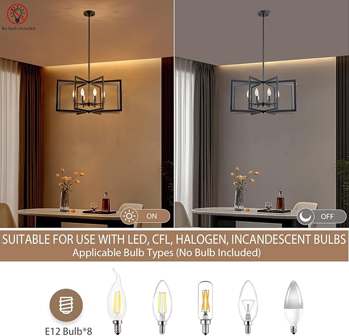 Black Chandelier 8-Light, 26" Modern Industrial Dining Room Light Fixture, Large Geometric Pendant Lighting for Living Room Kitchen Foyer Office, Large Hanging Chandelier