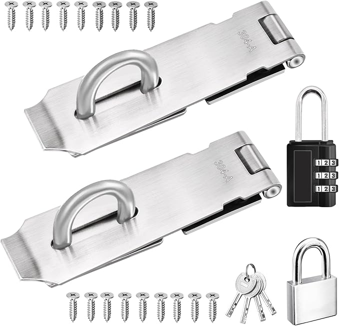 5 Inch Door Locks Hasp Latch 2 Pack,304 Stainless Steel Safety Padlock Clasp Hasp Lock Latch with Combo Lock & Padlock,Heavy Duty Gate Latch Lock with Screws