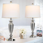 Metal Table Lamps Set of 2, 3 Way Touch Control Silver Bedside Lamps with USB A+C Ports, Modern Brushed Nickel Nightstand Lamps for Bedroom Living Room