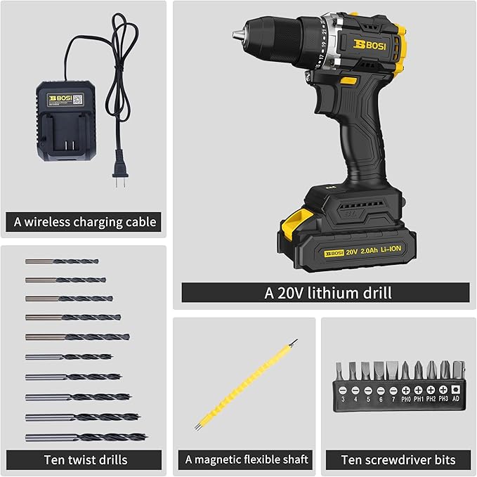 BOSI 20V Cordless Drill Driver Kit with Brushless Motor, 90Nm Max Torque, 2.0Ah Battery & Fast Charger, 20+1 Speed Control for Concrete/Metal/Wood, Electric Drill for Construction & DIY