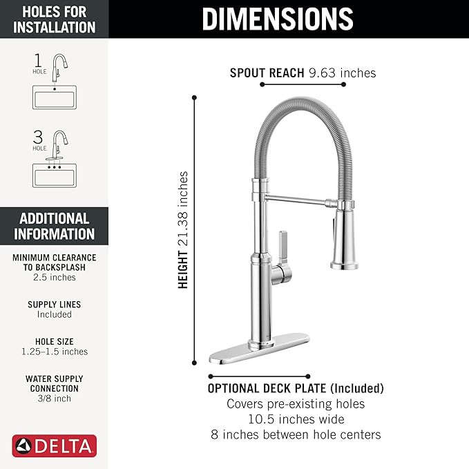Delta Rhett Pro Style Commercial Kitchen Faucet with Pull Down Sprayer, Chrome Single Hole Kitchen Sink Faucet, Single Handle, Chrome 18829-DST