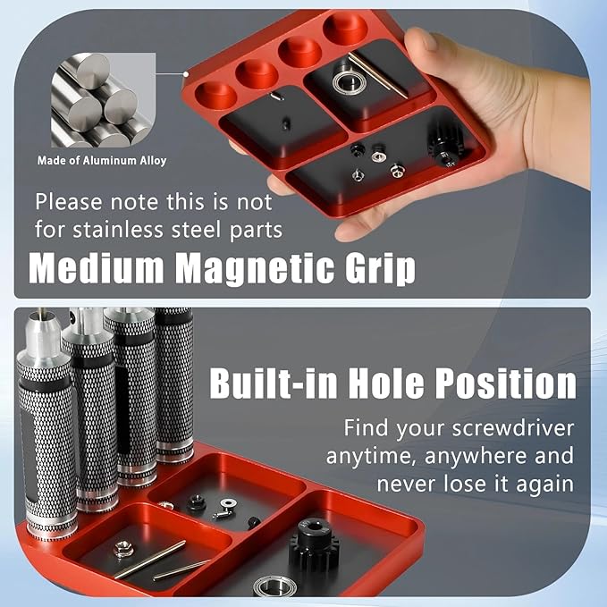Magnet Tool Tray Aluminum Alloy Screw Tray with Tool Holder RC Parts Fixing for 1/10 RC Cars, Drones, Phone, Computer, Eyeglass, Electronic Multi-Compartment Anti-Loss Organizer Storage Box (Red