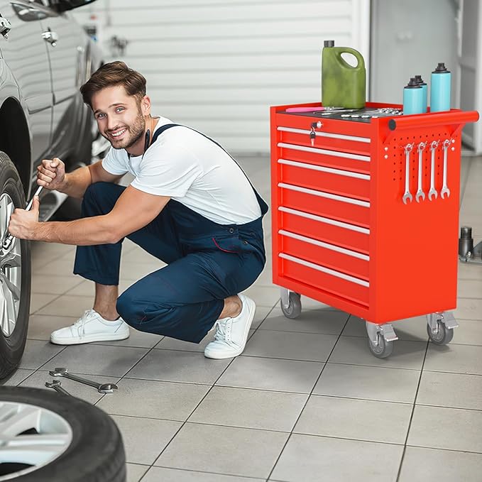 5-Drawer Rolling Tool Chest, Tool Box with 4 Wheels and Drawers, High Capacity Detachable Mobile Tool Storage Cabinet for Garage, Workshop, Mechanics and Repair Room (Red)
