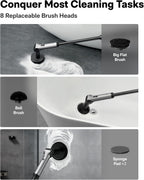 HOTO Flexi™ Cordless Electric Spin Scrubber, Adjustable Angle, Extendable Handle, Smart Display, IPX7 Waterproof, Powerful Cleaning Scrubber with 8 Replaceable Brush Heads, for Bathroom, Tile, Bathtub