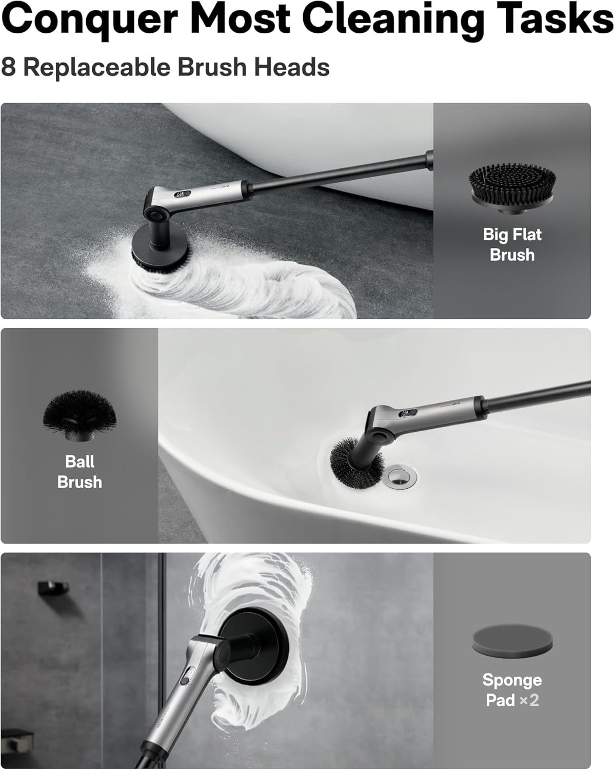 HOTO Flexi™ Cordless Electric Spin Scrubber, Adjustable Angle, Extendable Handle, Smart Display, IPX7 Waterproof, Powerful Cleaning Scrubber with 8 Replaceable Brush Heads, for Bathroom, Tile, Bathtub