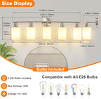 DLLT 5-Light Bathroom Light Fixtures: Nickel Modern Vanity Lights with E26 Bulbs - Milky White Glass Shade Bathroom Wall Lamp for Mirror Kitchen Living Room Hallway Cabinet Porch