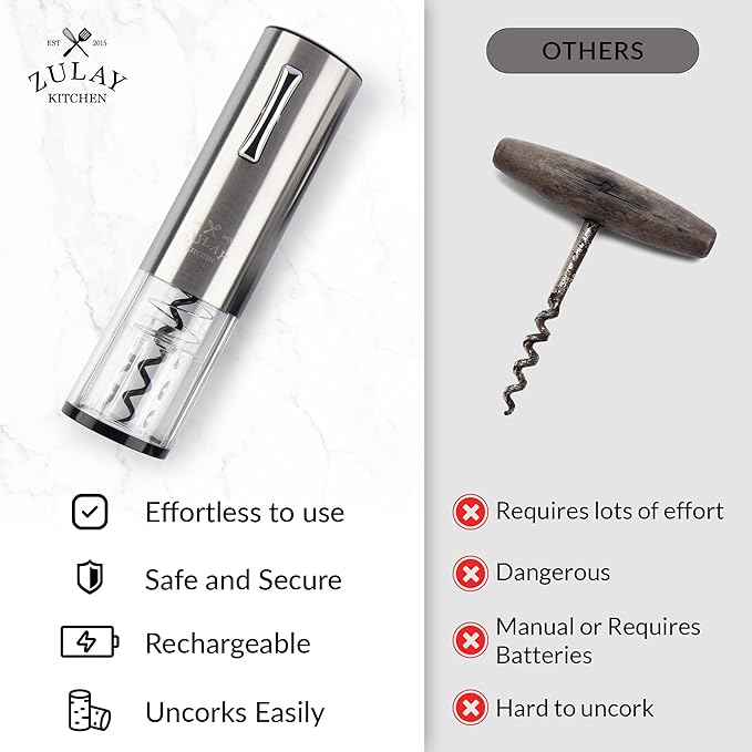 Zulay Kitchen Electric Wine Opener 5-Piece Gift Set with Charging Base - Foil Cutter, Aerator & Pourer, Vacuum Stoppers - Automatic Wine Bottle Corkscrew Opener For Smooth & Fast Uncorking