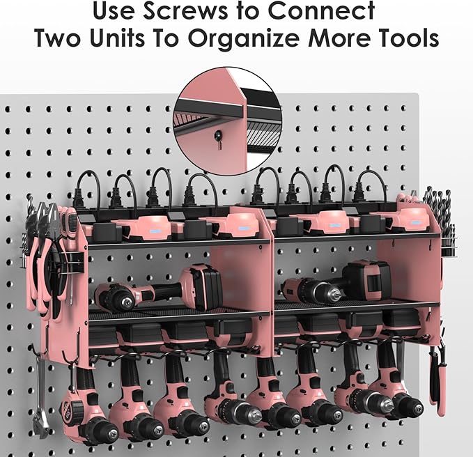 CCCEI Modular Power Tool Organizer Wall Mount with Charging Station. Garage 4 Drill Storage Shelf with Hooks, Drill Bit Heavy Duty Rack, Pink Tool Battery Holder Built in 8 Outlet Power Strip.