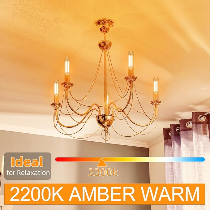 Tubular LED Edison Bulb 2200K Amber Warm Dimmable, 2W, 25 watt Equivalent, E26 LED Light Bulbs, T10 Edison Bulbs for Chandeliers, Ceiling Fan, 90+CRI 250LM, 6 Pack