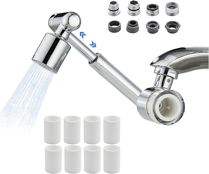 YYKBZ 1440° Rotating Sink Water Filter Faucet Extender Aerator, 2 Mode Swivel For Bathroom/Kitchen Skin Face Eye Wash,Brass Long Arm Extension For Toddlers,Multiple Adapters With 9pcs Filters