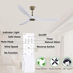 60" Gold and White Ceiling Fan with Remote Control, Bedroom Ceiling Fan without Lights for Indoor/Outdoor - Modern Design, Powerful Airflow, Silent Operation