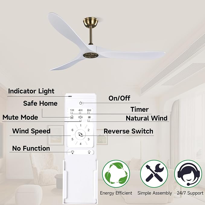 60" Gold and White Ceiling Fan with Remote Control, Bedroom Ceiling Fan without Lights for Indoor/Outdoor - Modern Design, Powerful Airflow, Silent Operation