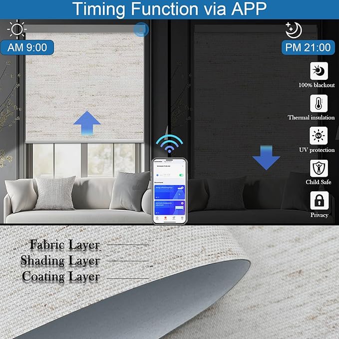 Motorized Blinds with Remote Cordless Automatic Motorized Shades Custom Blinds for Windows Smart Curtains Compatible with Alexa Google Home(Blackout Linen Sandy Beach,W67 x H72in)